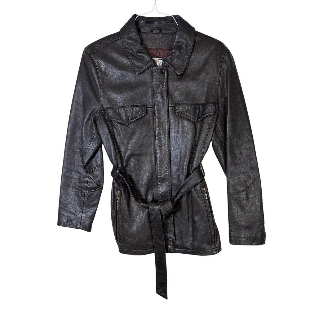 Valerie Stevens Black New Zealand Lambskin Leather Belted Jacket Coat Womens L